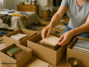 5 typische Denkfehler beim Aussortieren – Hände sortieren Papiere, Bücher und Gegenstände in Kisten Nahaufnahme von weiblichen Händen, die in einem unordentlichen Zimmer Papiere, Bücher, Stoffe und Haushaltsgegenstände in Kisten sortieren – Symbolbild für 5 typische Denkfehler beim Aussortieren