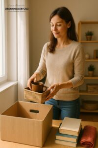5 typische Denkfehler beim Aussortieren – bewusst loslassen und Klarheit gewinnen rau sortiert in einem hellen Wohnzimmer Haushaltsgegenstände, Bücher und Stoffe in eine Kiste – Symbolbild für 5 typische Denkfehler beim Aussortieren