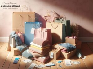Unused shopping bags with price tags piled in a corner – symbol of decluttering mistakes